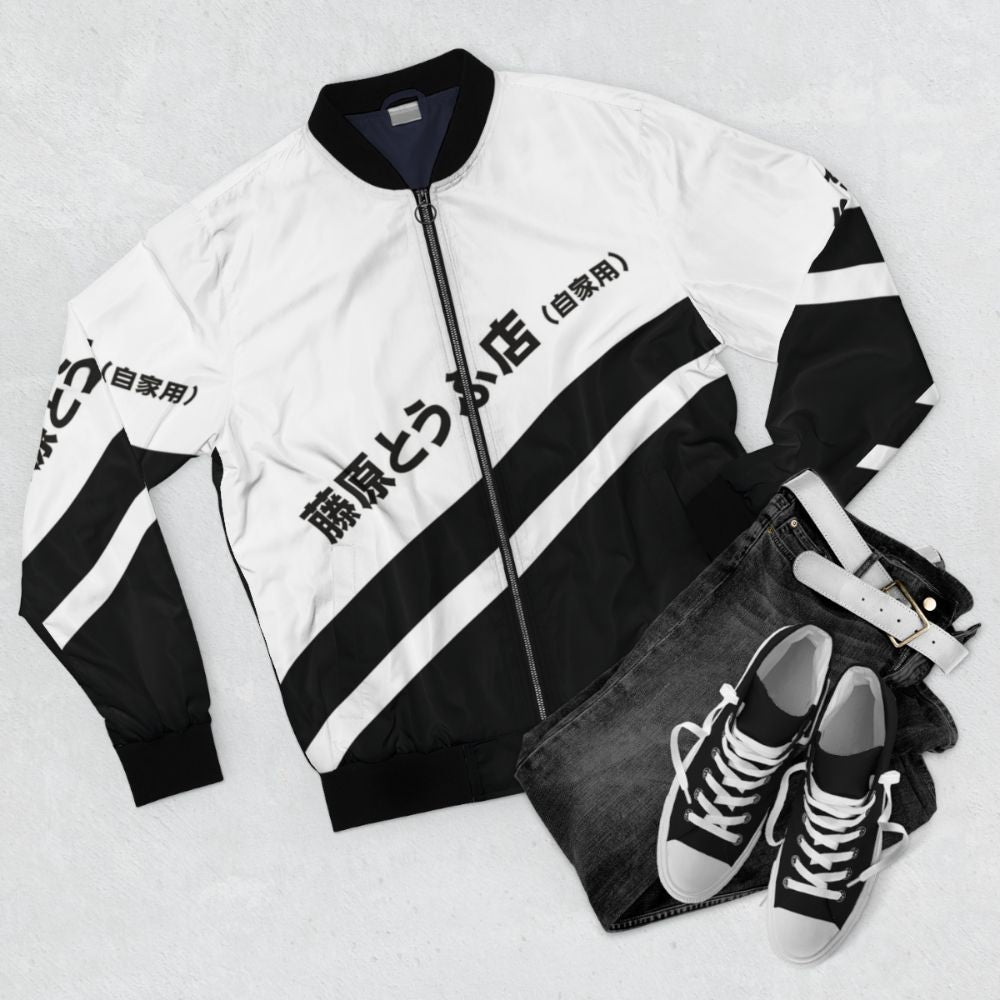 Initial D AE86 Tofu Delivery Retro Bomber Jacket with 90s Anime Aesthetic - Flat lay