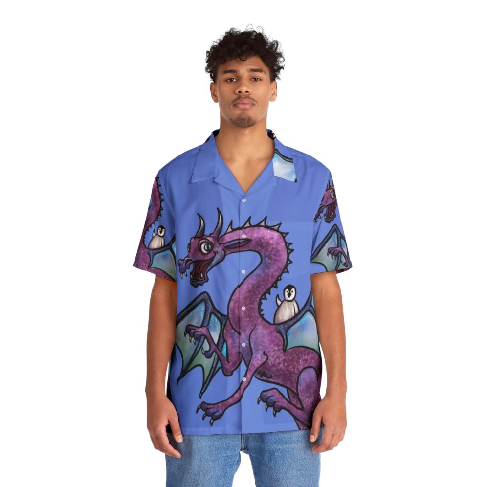 Penguin and dragon fantasy art on a Hawaiian shirt - People Front