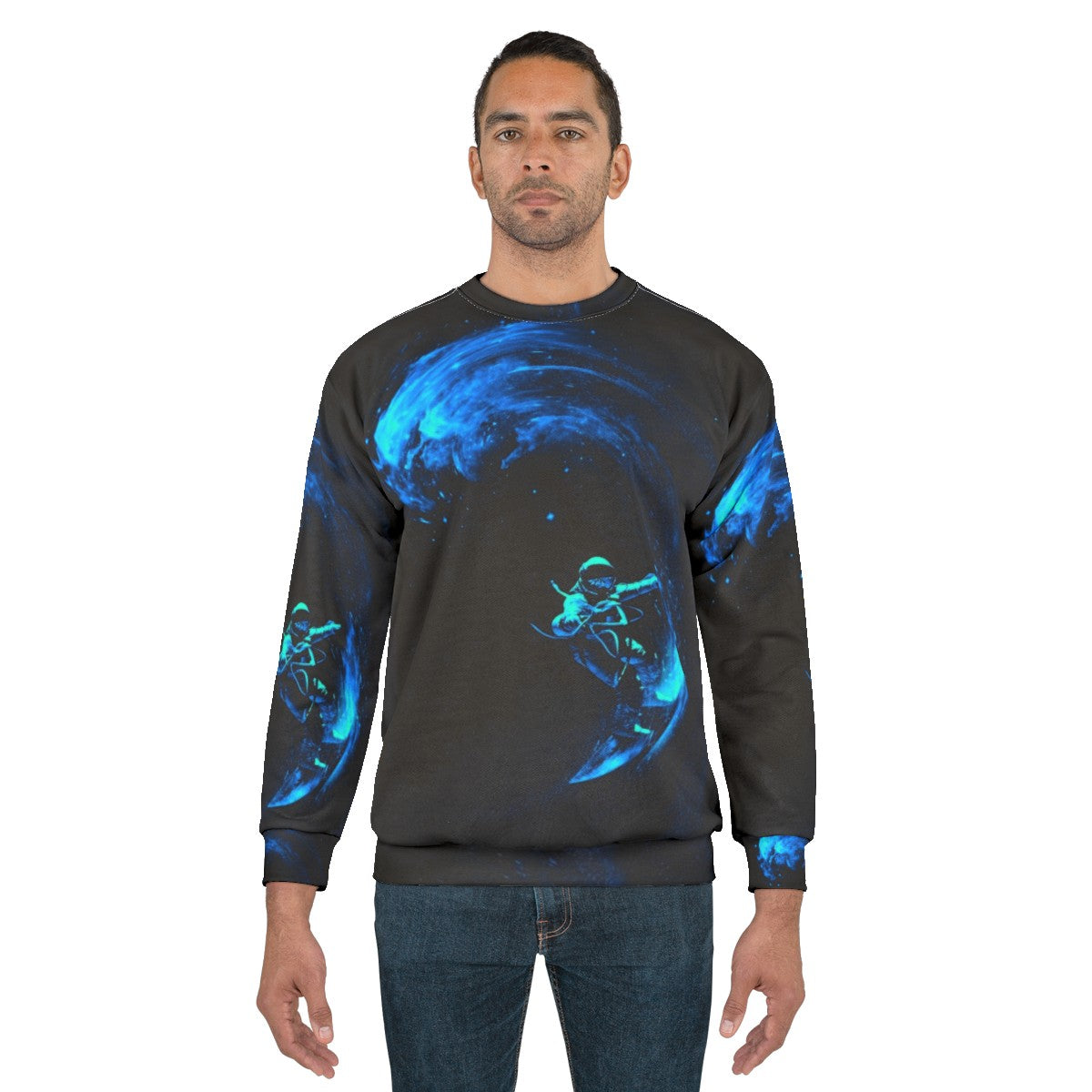 Cosmic Space Surfing Sweatshirt with galaxy, stars and astronaut design - men