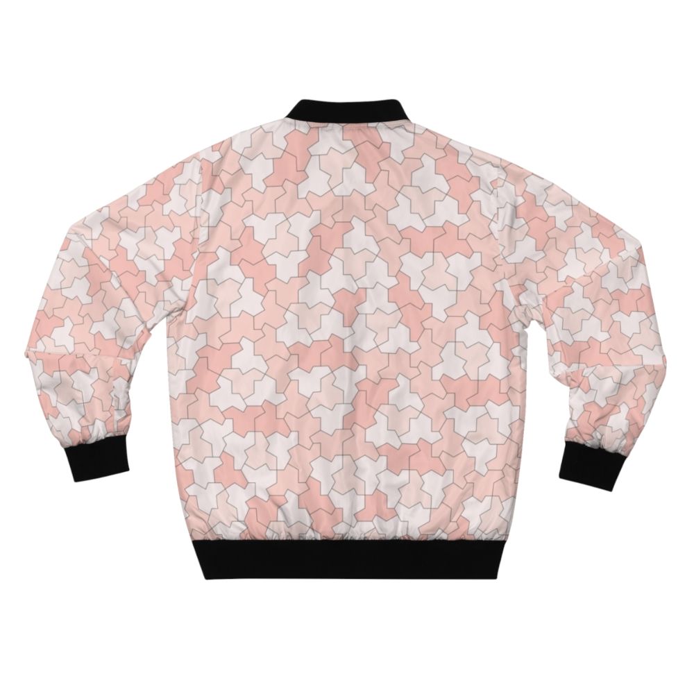 Geometric bomber jacket featuring aperiodic monotile Einstein shapes in peach and pink tones - Back