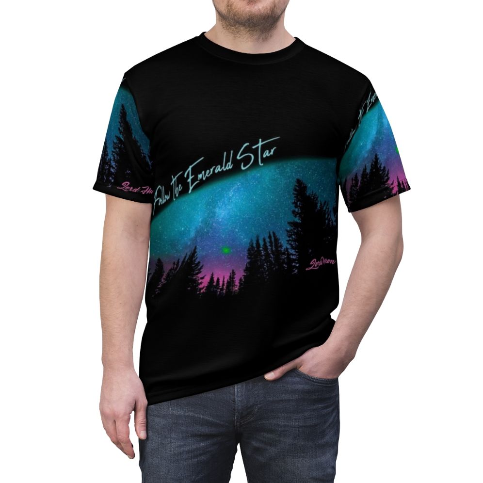 A stylish t-shirt featuring a cosmic galaxy silhouette design, inspired by the music of Lord Huron. - men front