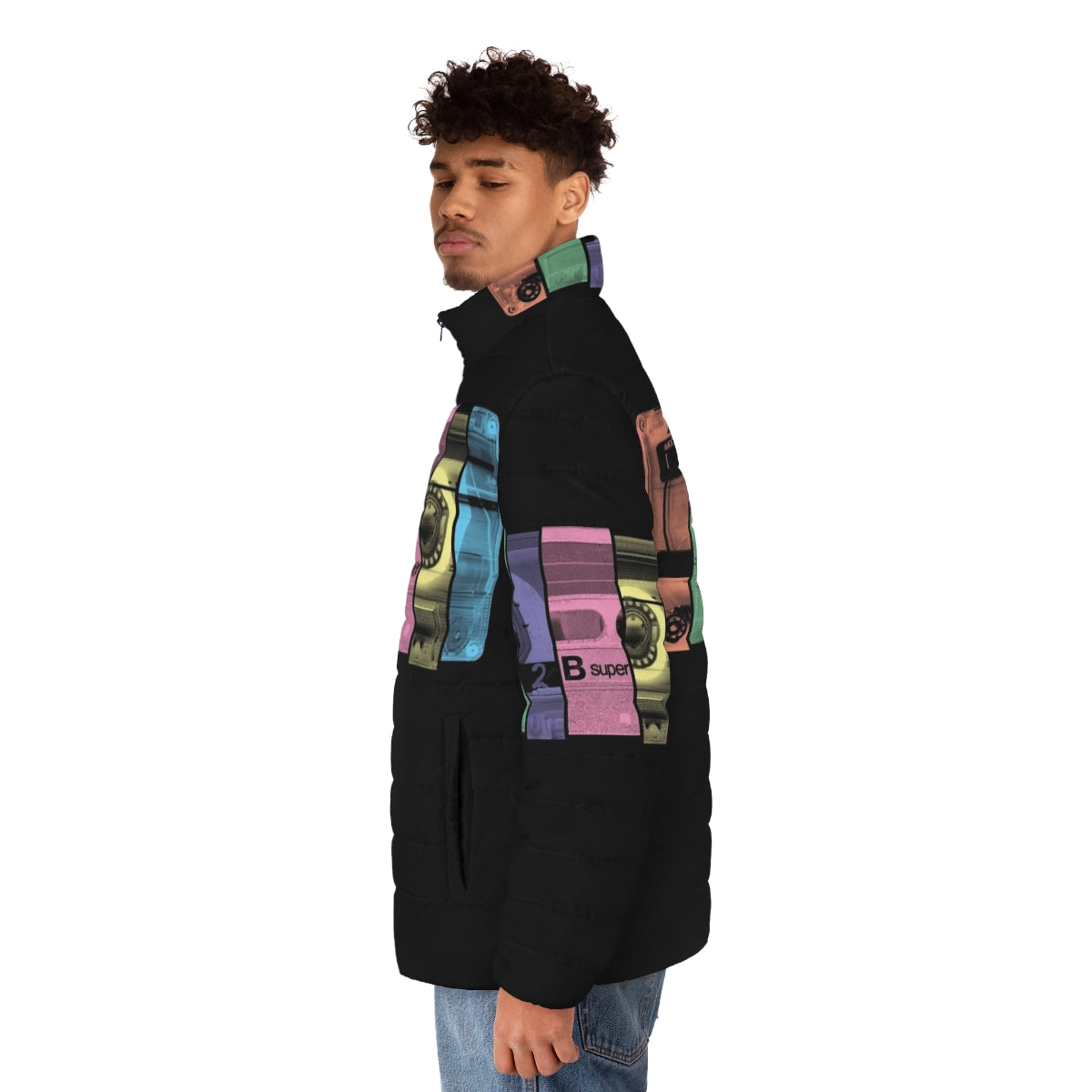 Retro 80s style puffer jacket with cassette tape design - men side left