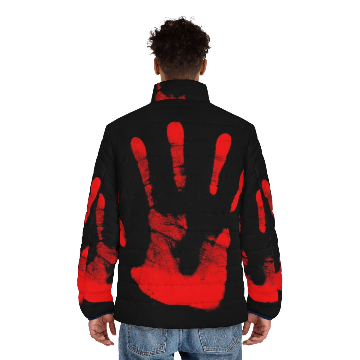 Red puffer jacket with "Red Right Hand" text, inspired by Nick Cave and The X-Files - men back