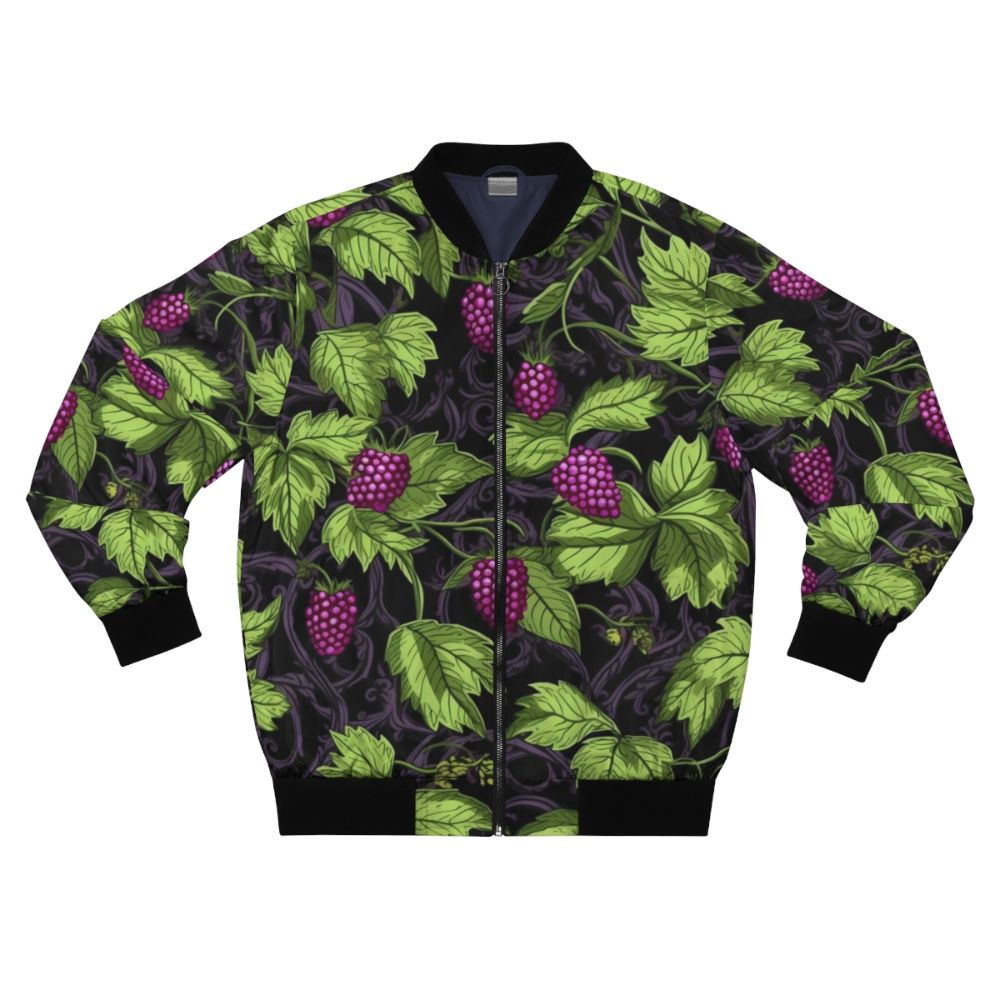 Marionberries botanical bomber jacket with vibrant, unique, and colorful floral design