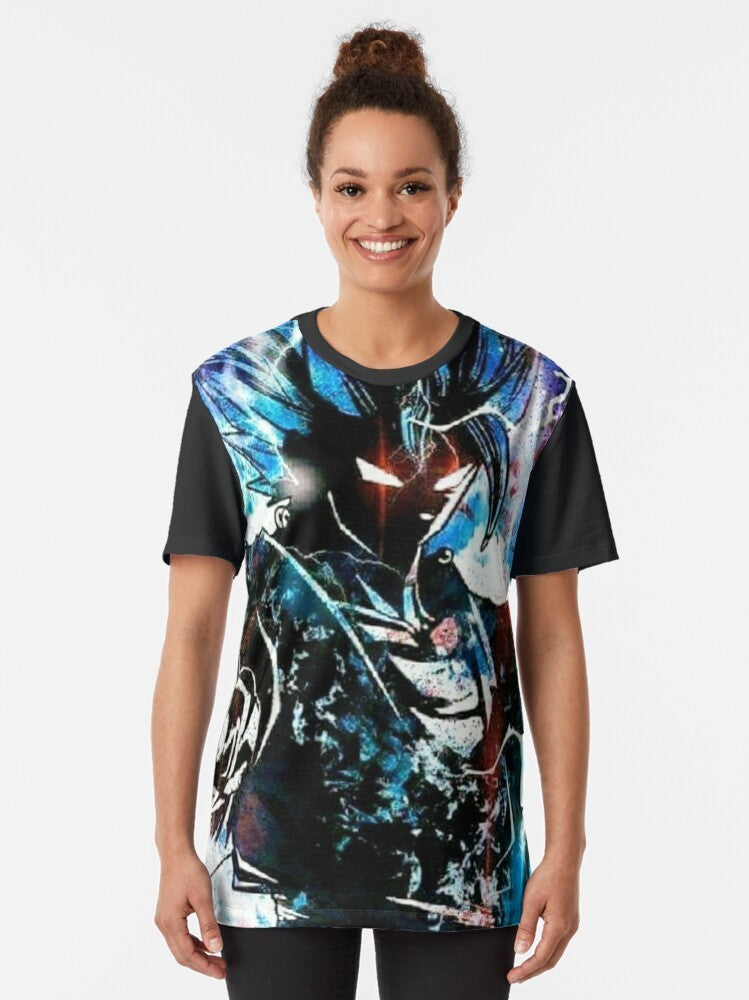 Gogeta SSJ God Blue Graphic T-Shirt, featuring the iconic Dragon Ball character in his powerful Super Saiyan God Blue form. - Women