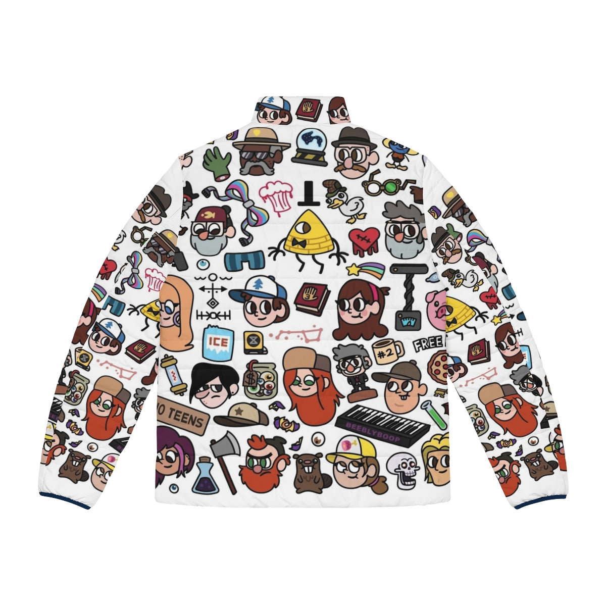 Gravity Falls Doodle Puffer Jacket featuring Dipper, Mabel, and Bill Cipher - Back