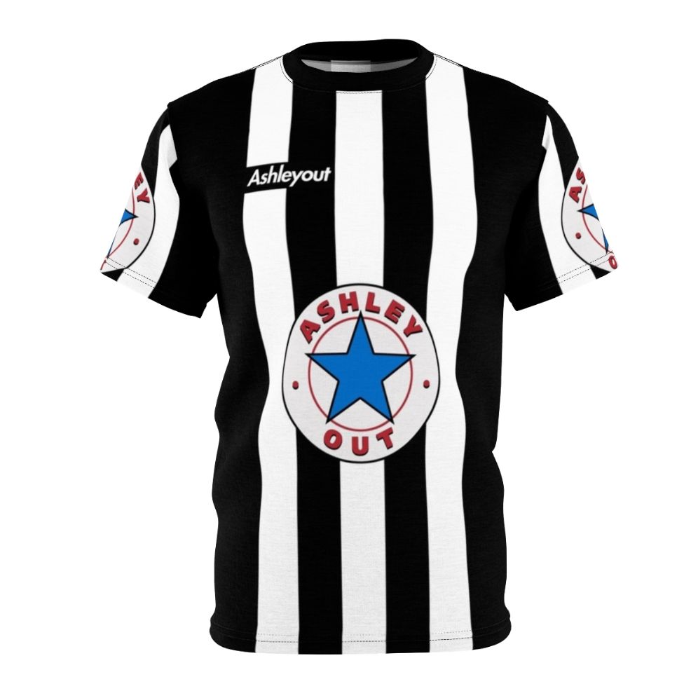 A black and white graphic t-shirt featuring a design inspired by the protest against the owners of Newcastle United Football Club.