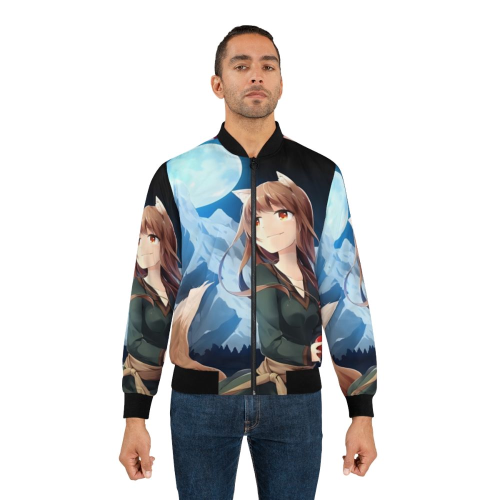 Spice and Wolf Horo Anime Bomber Jacket featuring a watercolor design of the wolf goddess Horo - Lifestyle