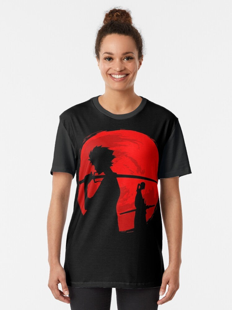 Samurai silhouette against a vibrant sunset sky on a graphic t-shirt - Women