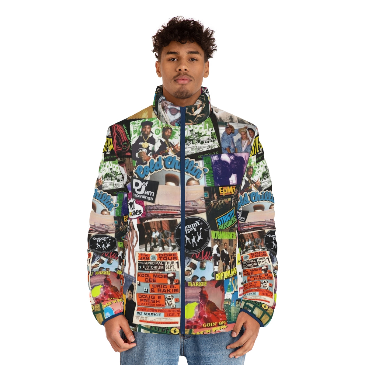 Retro old school hip hop puffer jacket with graphic collage print - men front