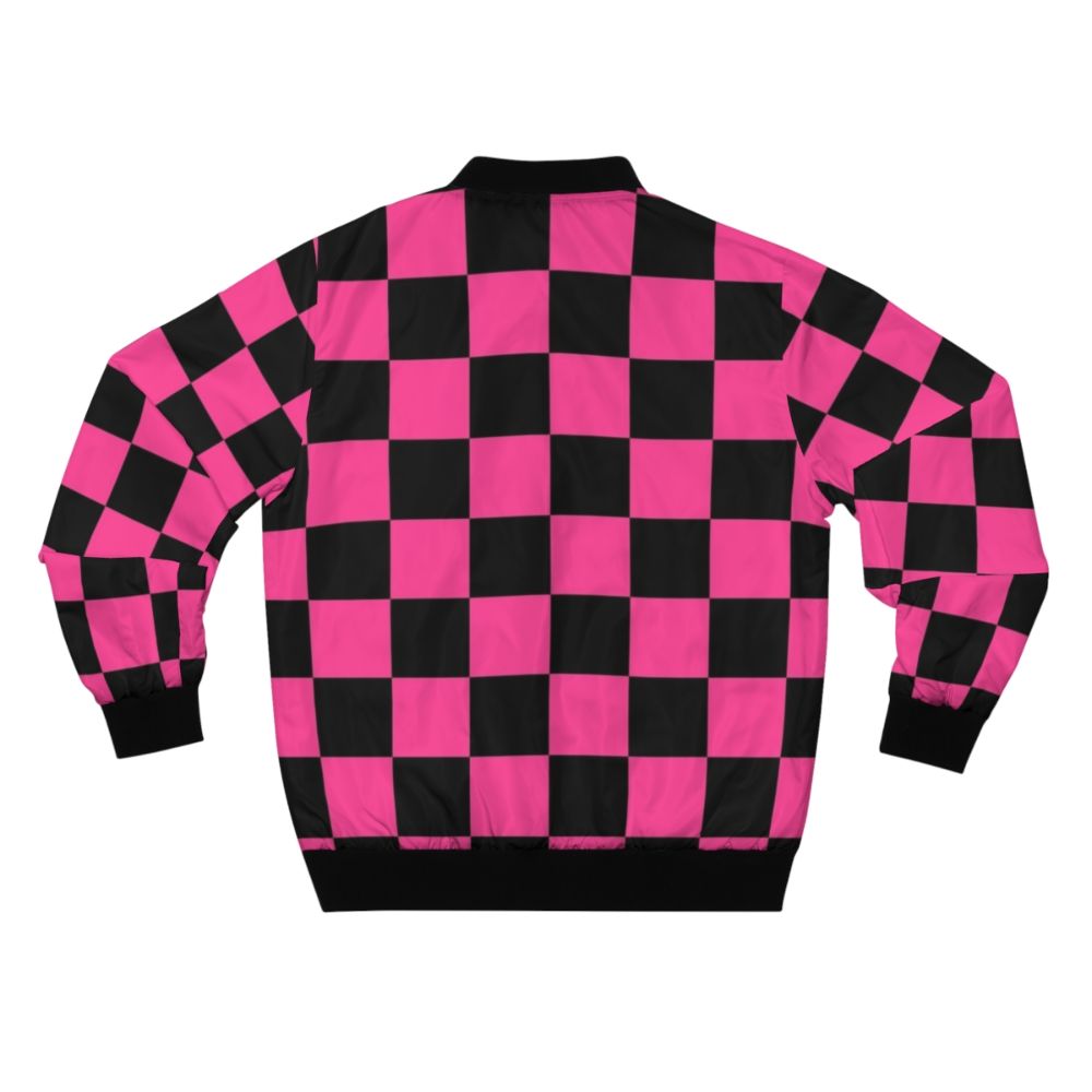 A stylish black and pink checkerboard pattern bomber jacket with a geometric design. - Back