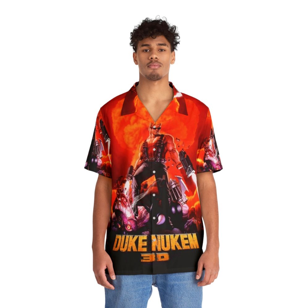 Retro Duke Nukem 3D Hawaiian Shirt with High Contrast Game Print - People Front