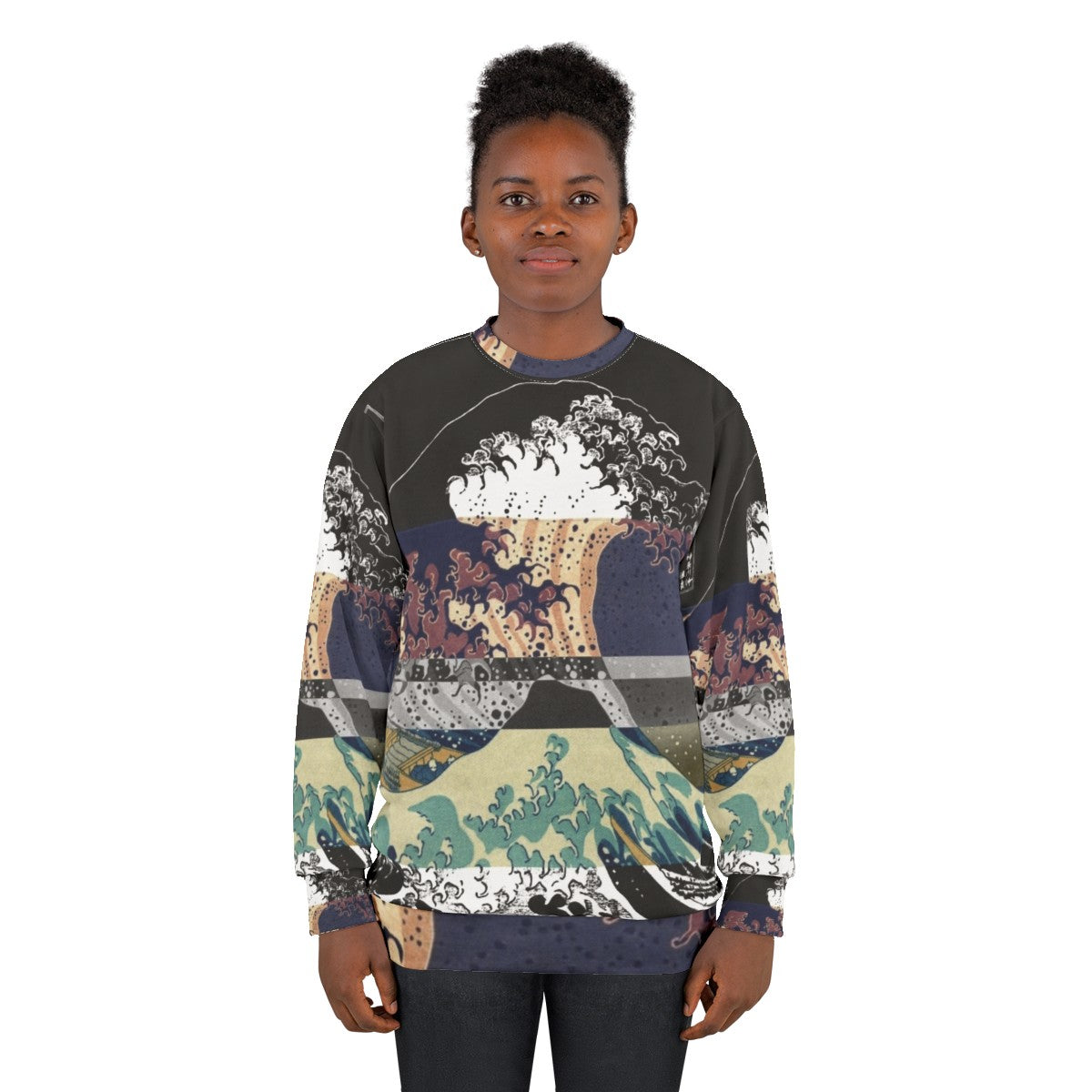 Glitch aesthetic Hokusai wave color sweatshirt - women