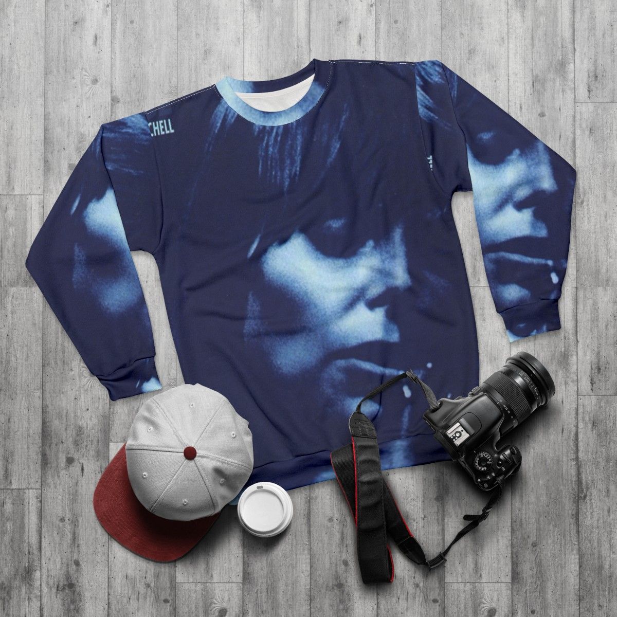 Joni Mitchell Blue Sweatshirt - Vintage Folk Music Legend - flat lay