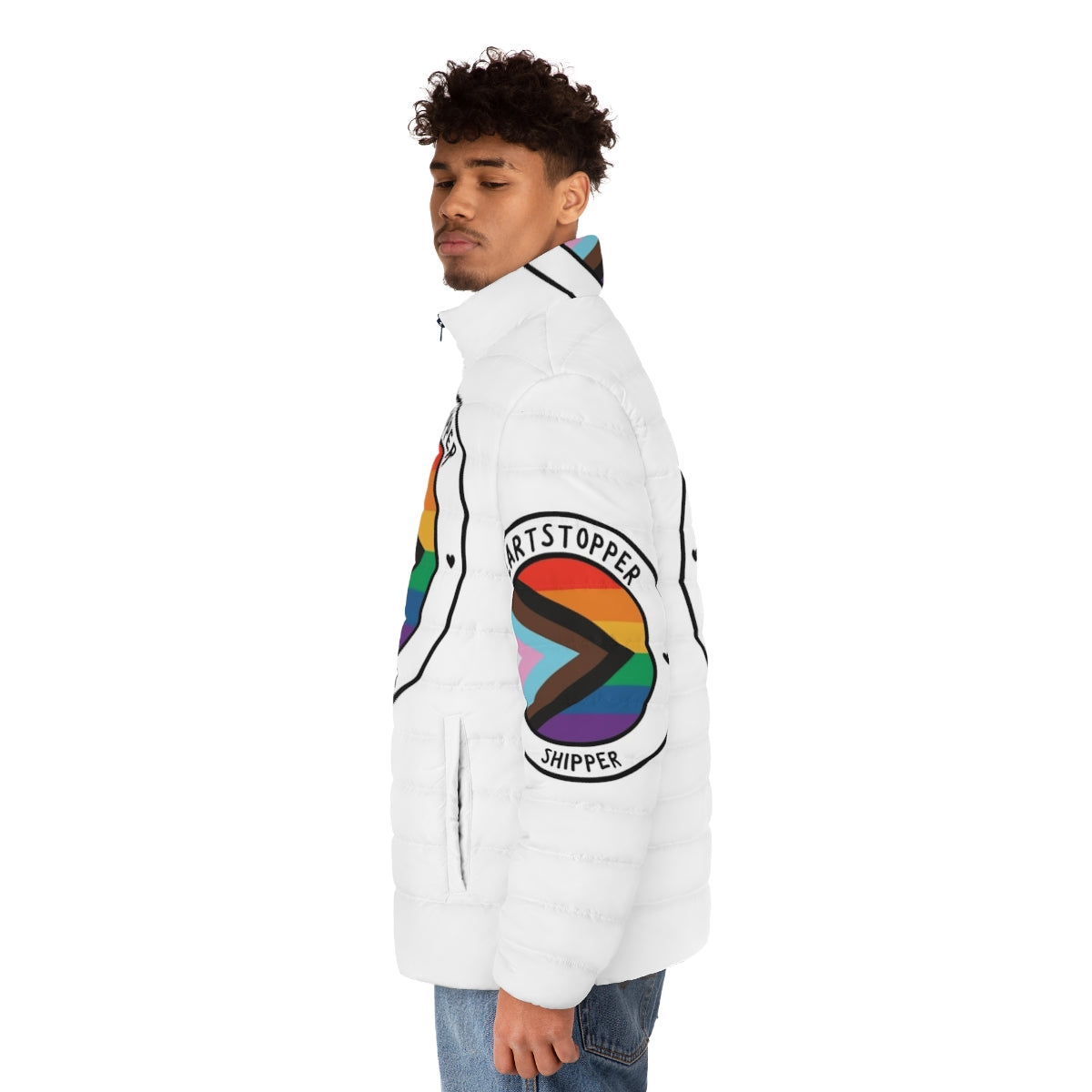 Heartstopper LGBTQ+ Pride Puffer Jacket with Vibrant Flag Design - men side left