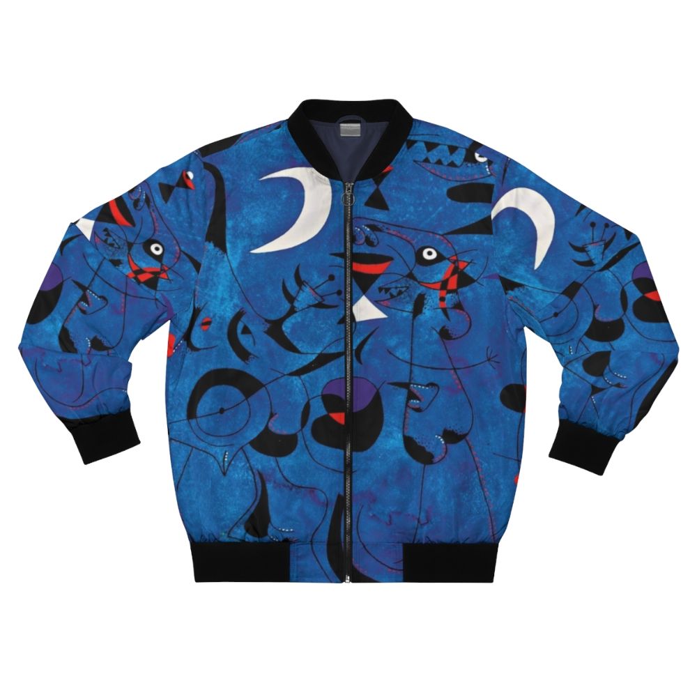 Bomber jacket featuring vibrant abstract shapes and colors inspired by the art of famous Spanish painter Joan Miró