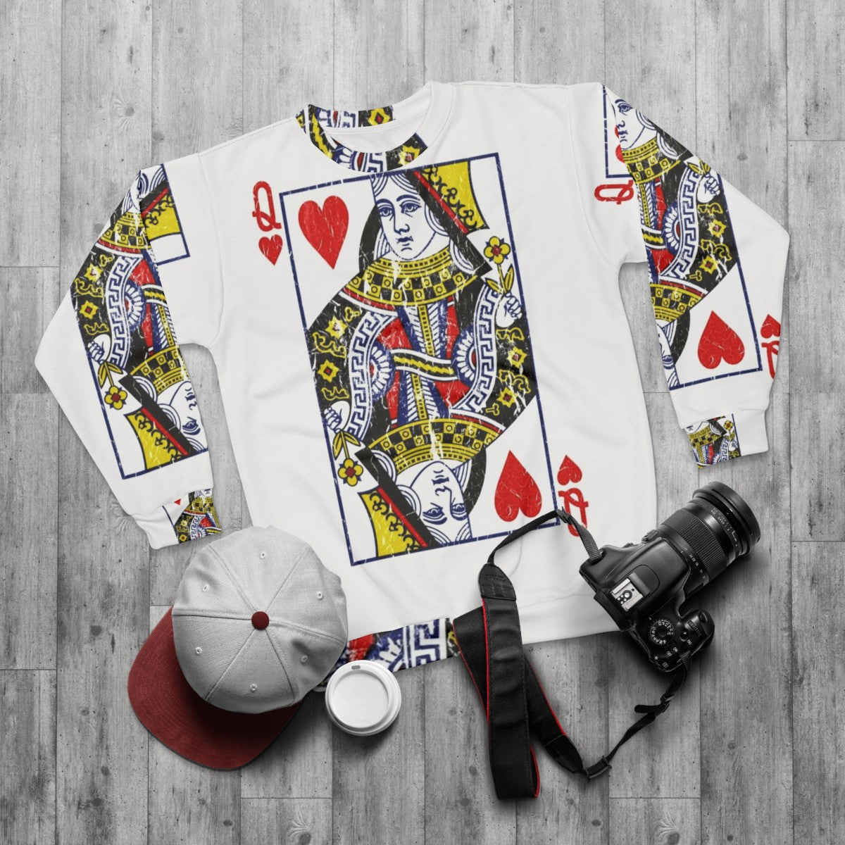 Queen of Hearts Playing Card Sweatshirt - flat lay