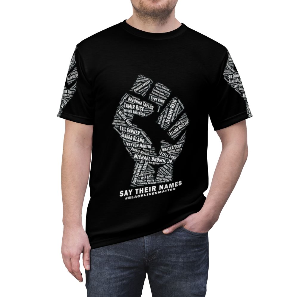 Black Lives Matter inspired t-shirt design with protest imagery and social justice messaging. - men front