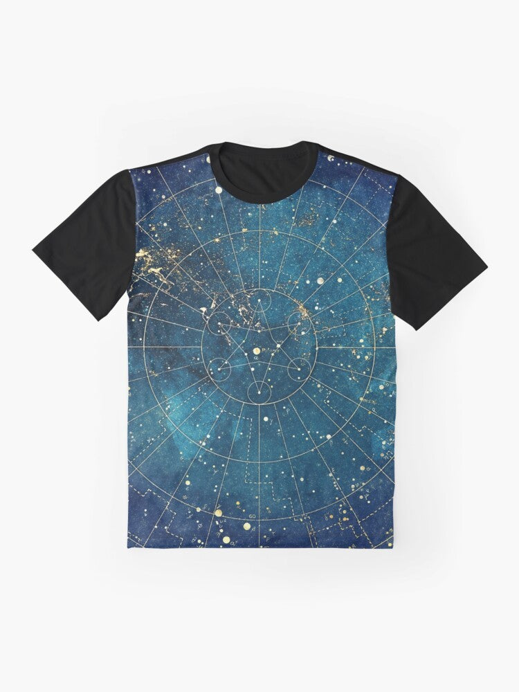 Graphic t-shirt featuring a star map design with city lights against a dark night sky - Flat lay