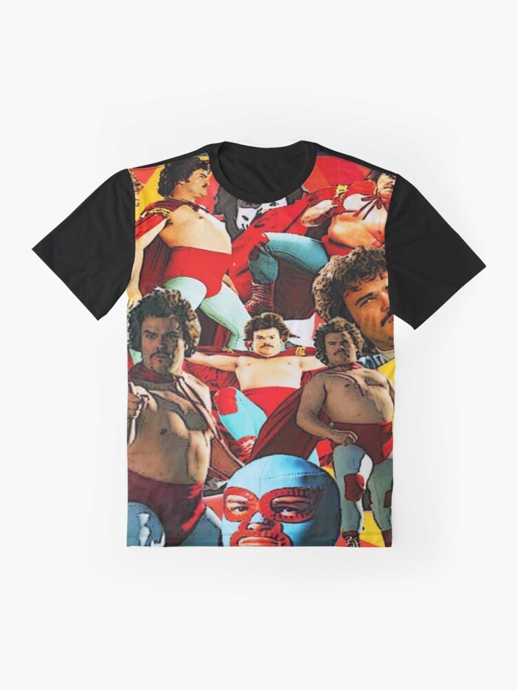 Man wearing a t-shirt with a graphic design of a luchador, inspired by the movie Nacho Libre starring Jack Black. - Flat lay