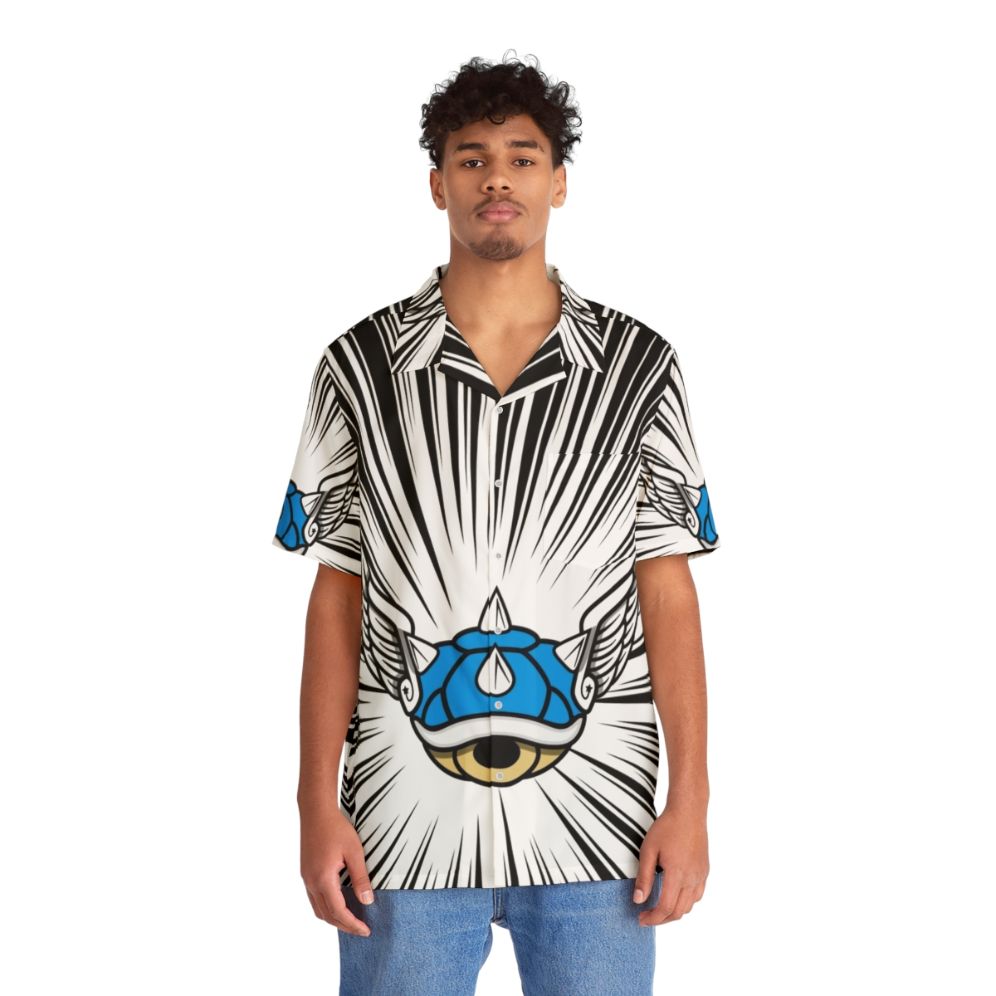 Blue Hawaiian shirt with Mario Kart inspired design - People Front