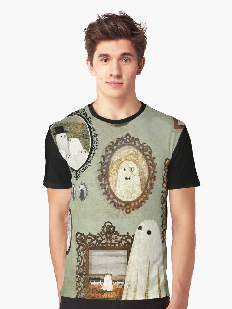 Vintage-style graphic t-shirt with a ghostly figure in a portrait gallery - Men