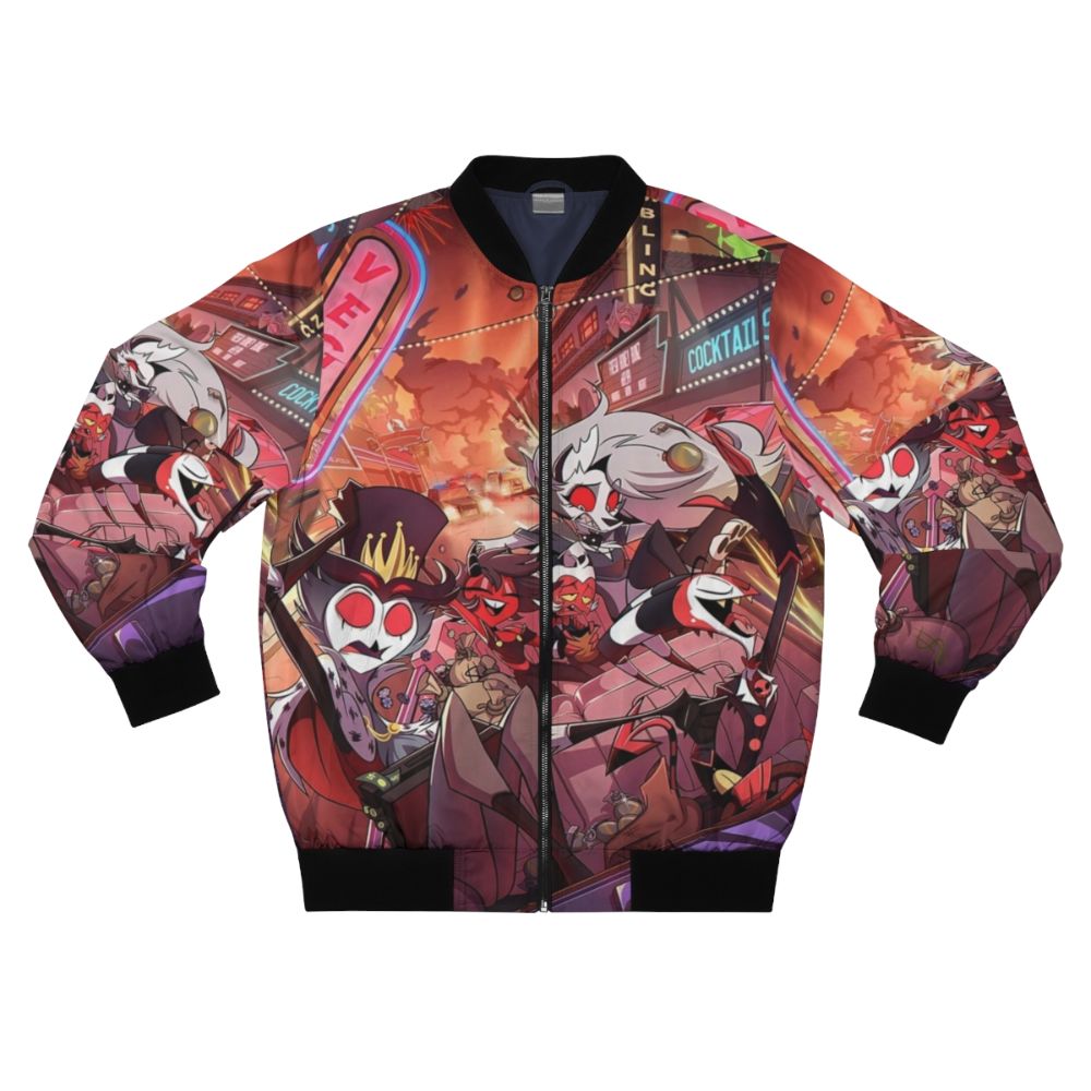 Helluva Boss retro-style bomber jacket featuring characters from the Hazbin Hotel universe created by Vivziepop