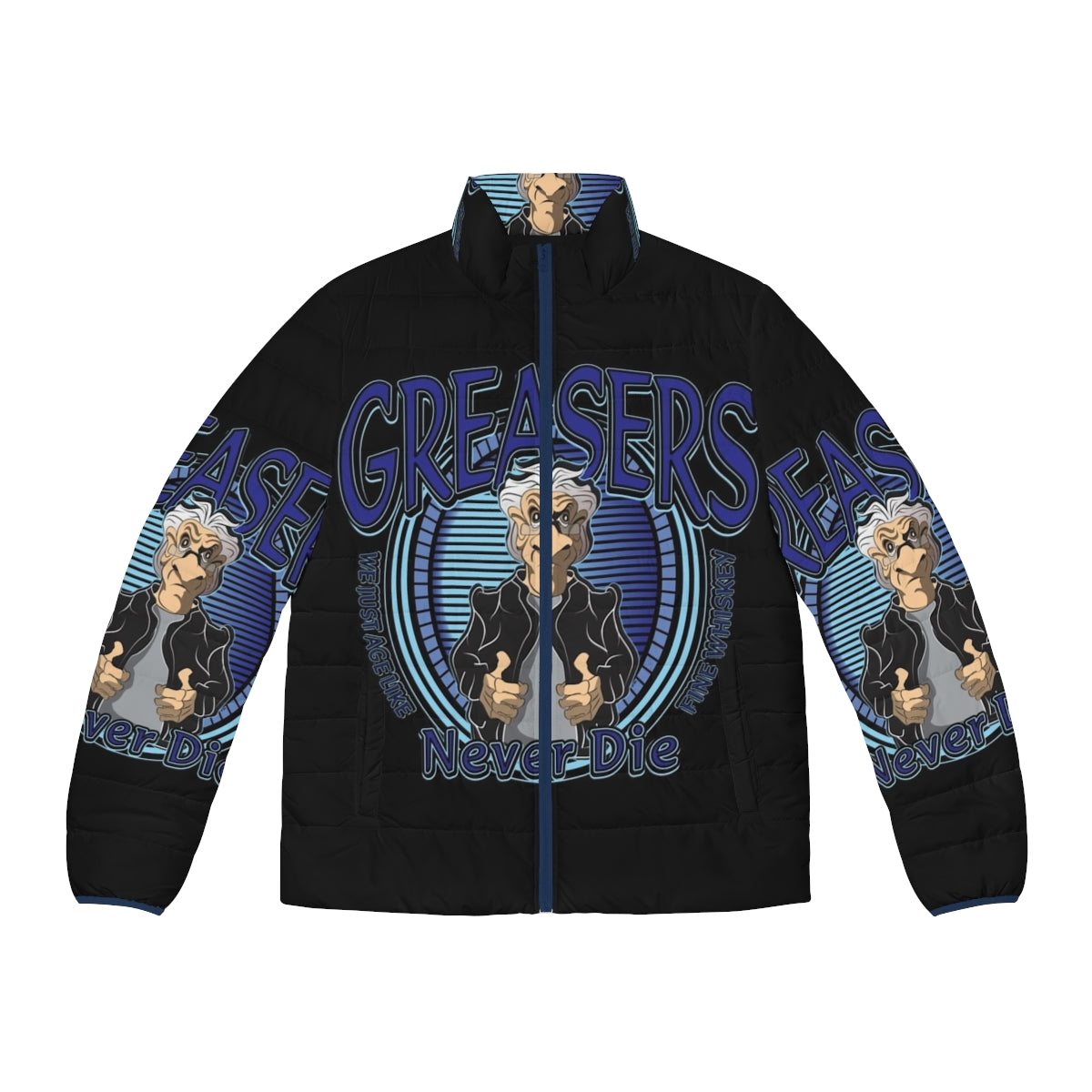 Grease-inspired puffer jacket with humorous 'Greasers Never Die' design