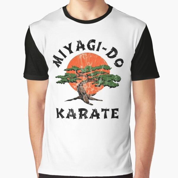 Vintage-style "Miyagi Do Karate" graphic t-shirt with distressed design, featuring karate kid and martial arts elements.