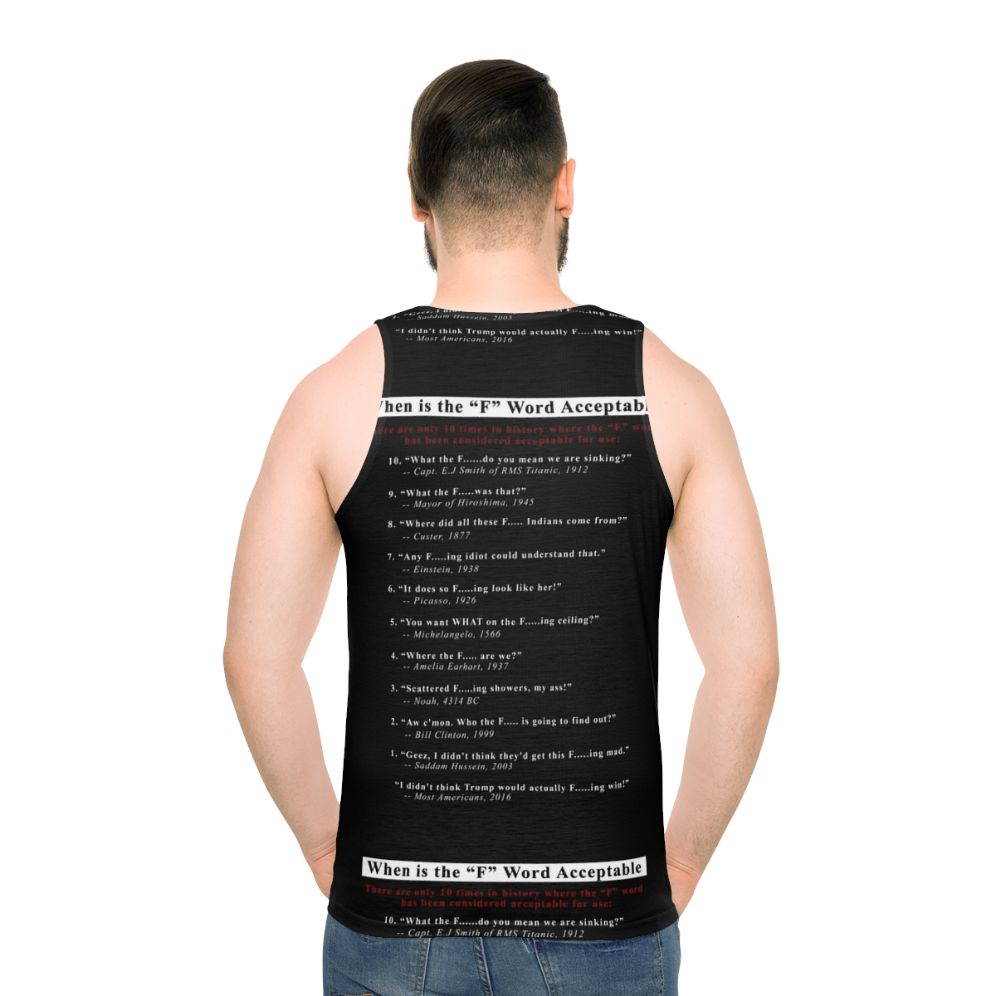 Black unisex tank top with "When the F-Word is Acceptable" graphic - men back