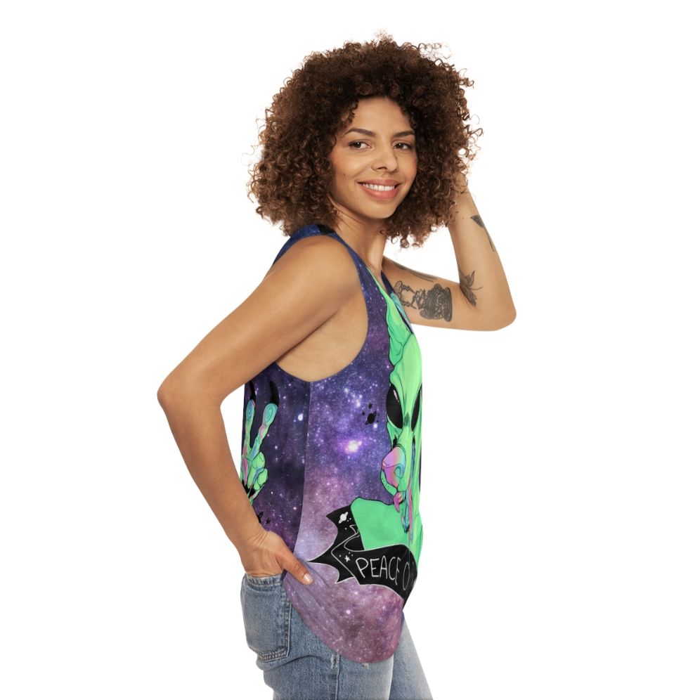 Unisex space-themed tank top with galaxy design and alien dog - women side