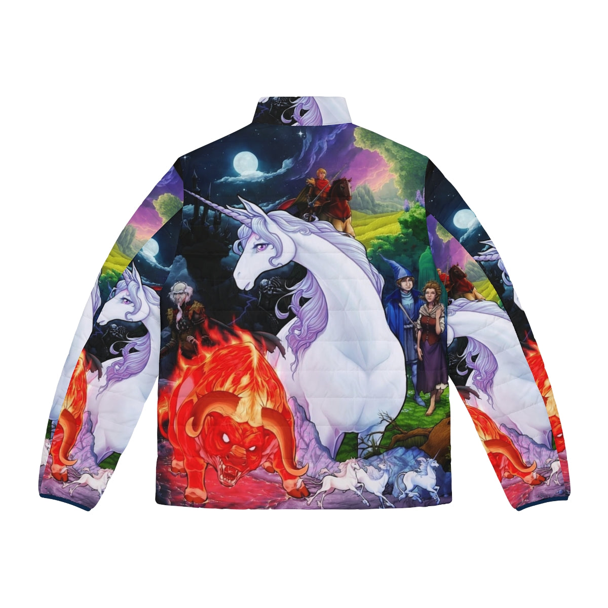 The Last Unicorn puffer jacket with fantasy and magical creature design - Back