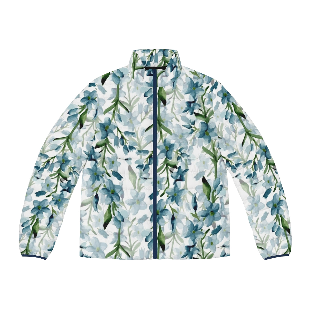 Blue watercolor floral puffer jacket