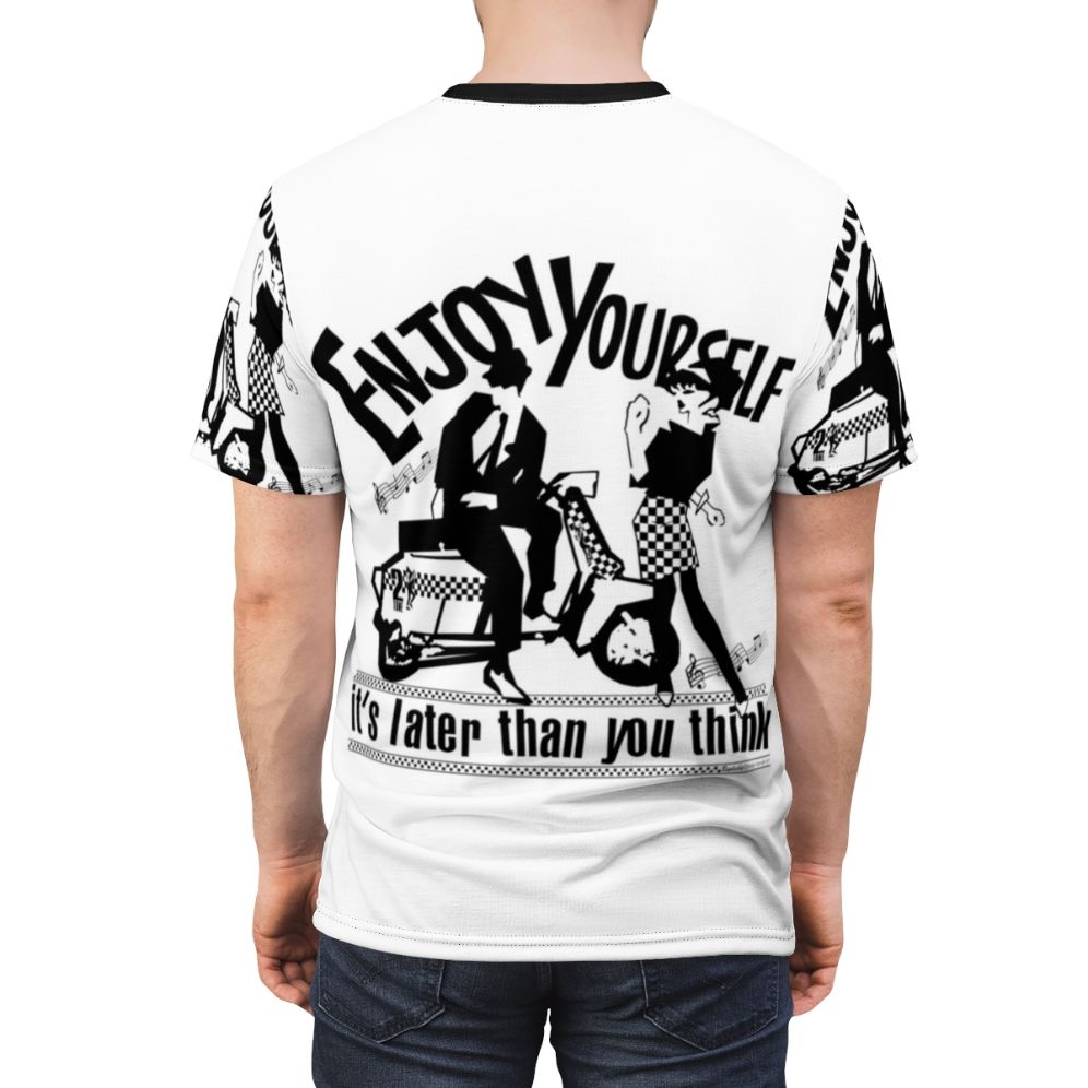 Vibrant all-over-print t-shirt with a ska-inspired design, featuring a bold "Enjoy Yourself" message. - men back