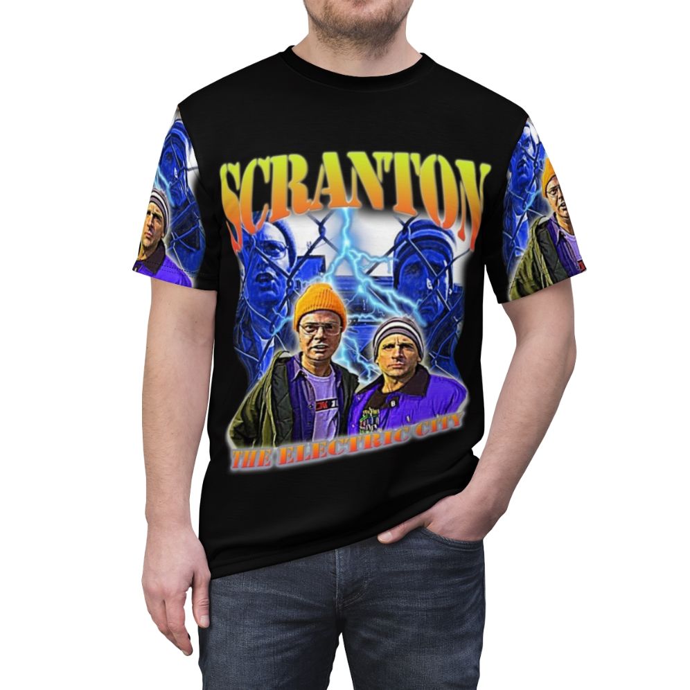 Scranton The Electric City inspired t-shirt featuring Dunder Mifflin, Dwight Schrute, and The Office US references - men front