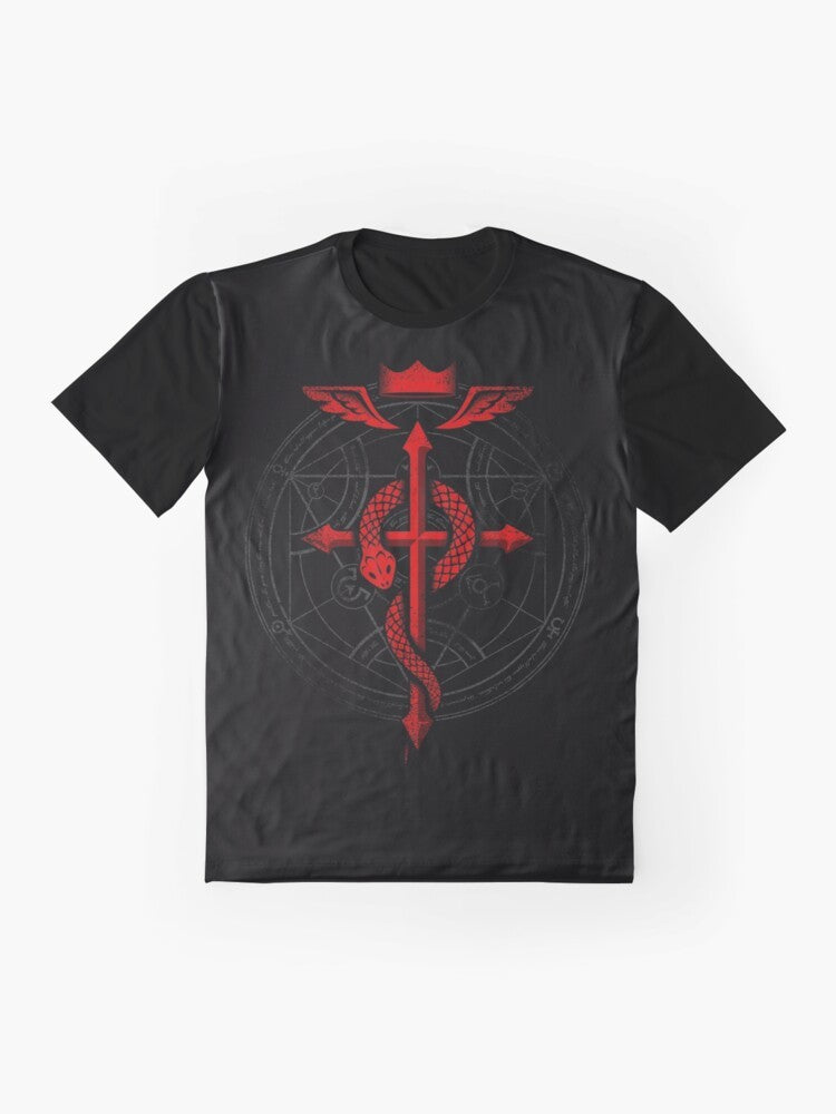 Fullmetal Alchemist Flamel Graphic T-Shirt featuring the Eye of Truth, Human Transmutation Circle, and Alchemy Symbols - Flat lay