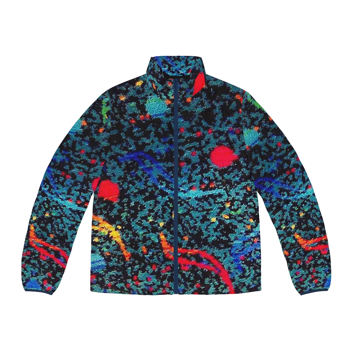 Puffer jacket with a retro bus seat pattern design, perfect for nostalgic millennials