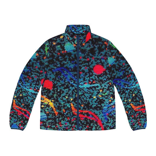 Puffer jacket with a retro bus seat pattern design, perfect for nostalgic millennials