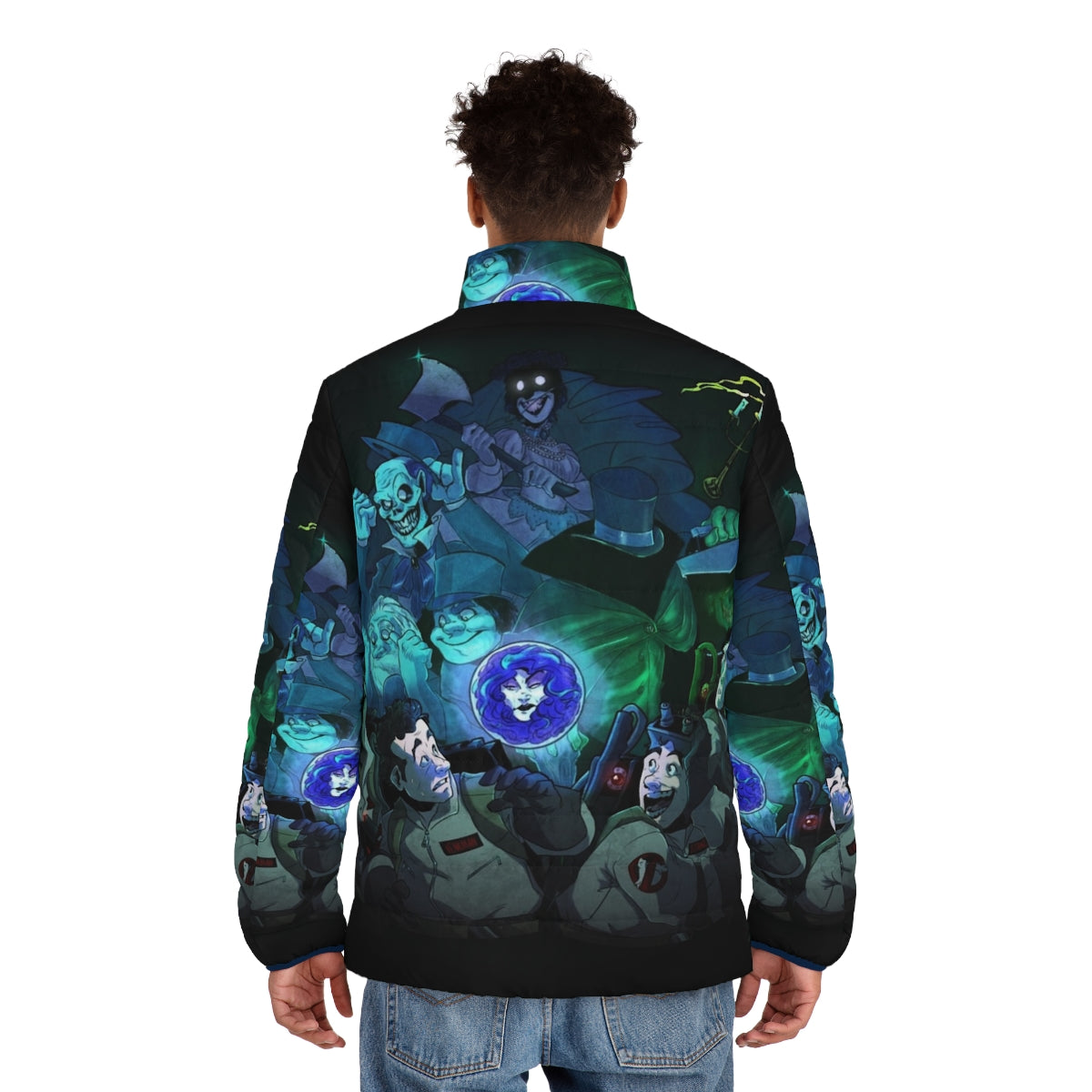 Ghostbusters-inspired puffer jacket featuring iconic characters and Haunted Mansion elements - men back