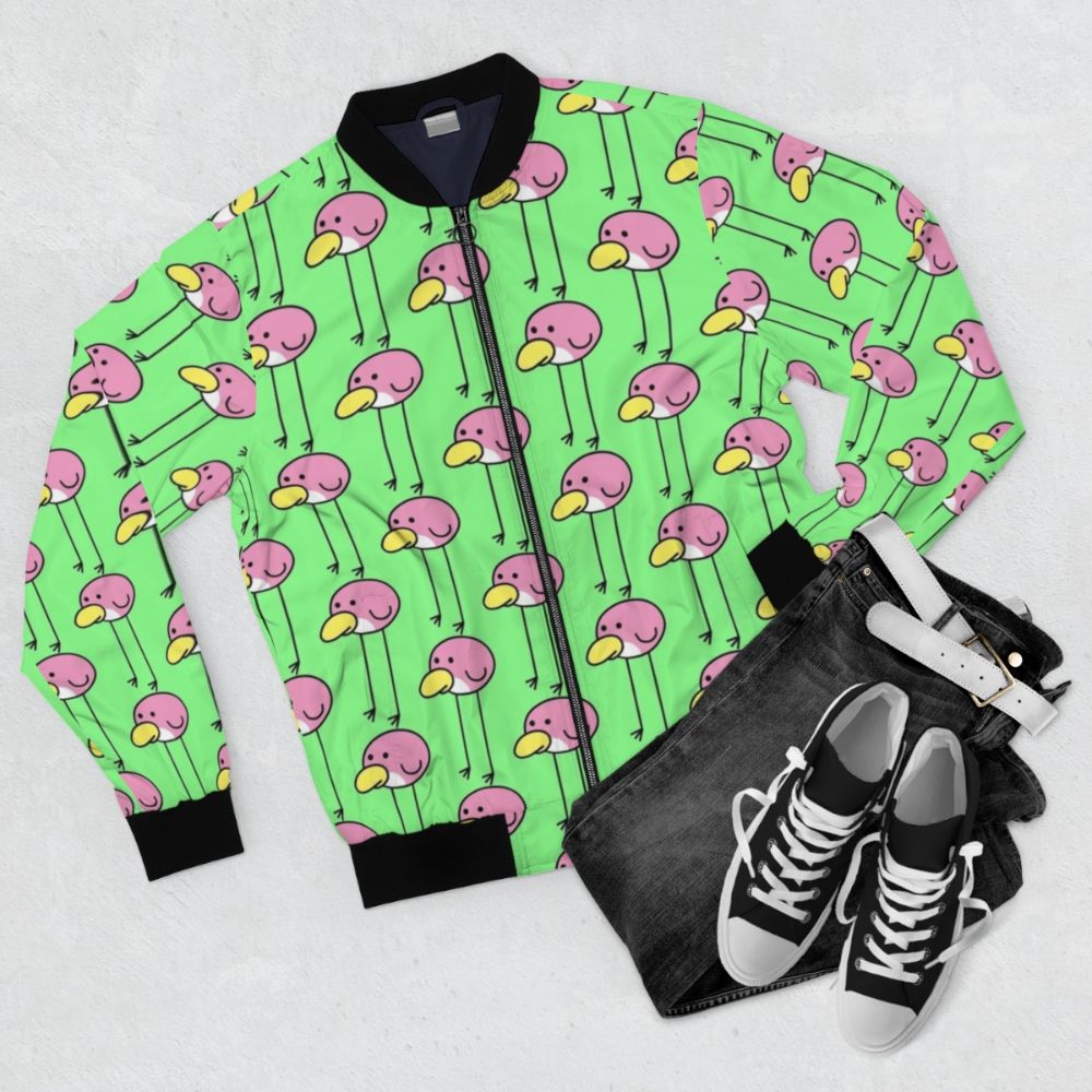 Flock Step Bomber Jacket with Huebirds of Happiness Design - Flat lay