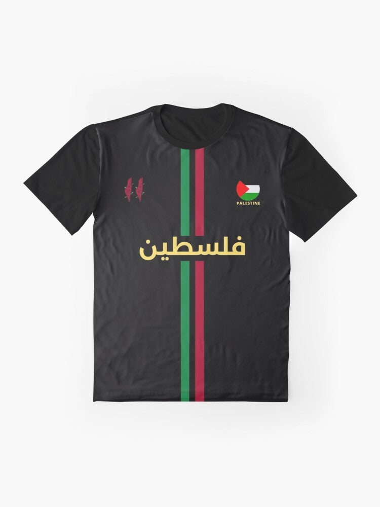 Palestine Football Graphic T-Shirt, featuring a design supporting the Palestinian cause and football. - Flat lay