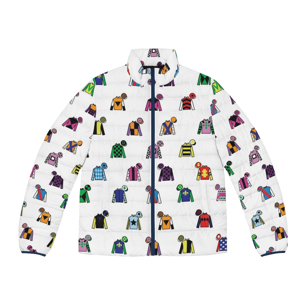 Colorful puffer jacket with horse racing jockey silks design