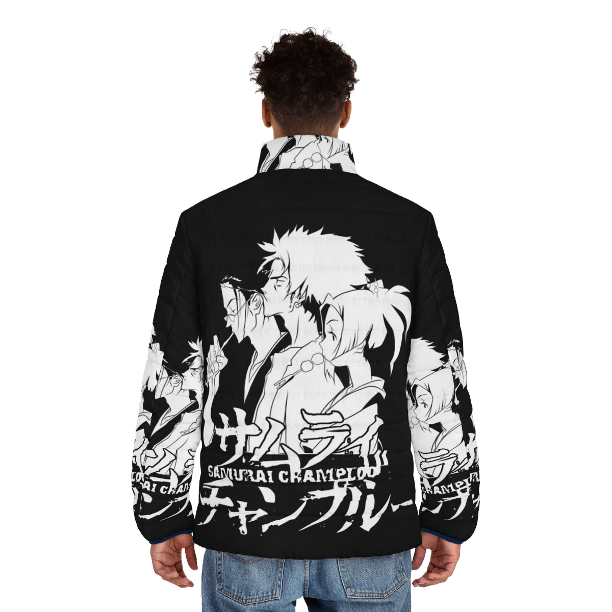 Samurai Champloo anime-inspired puffer jacket with cyberpunk design - men back