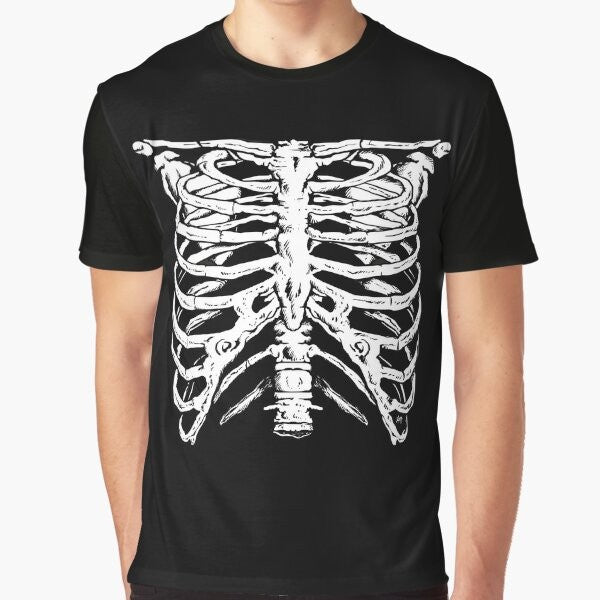 Punk horror graphic tee with skeleton ribcage design