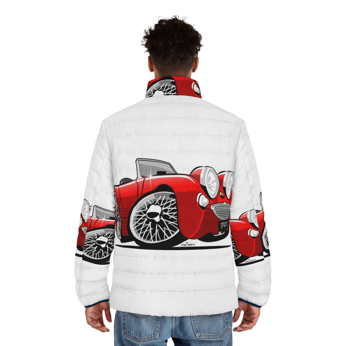 Austin Healey Sprite Caricature Red Puffer Jacket - men back