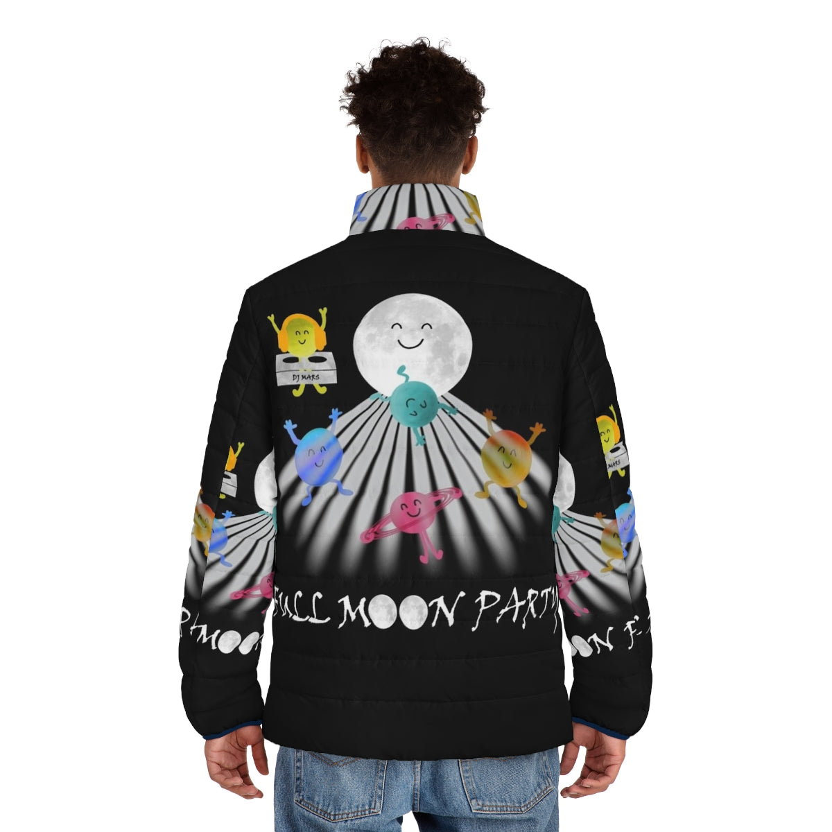 Colorful full moon party puffer jacket with space and dancing motifs - men back