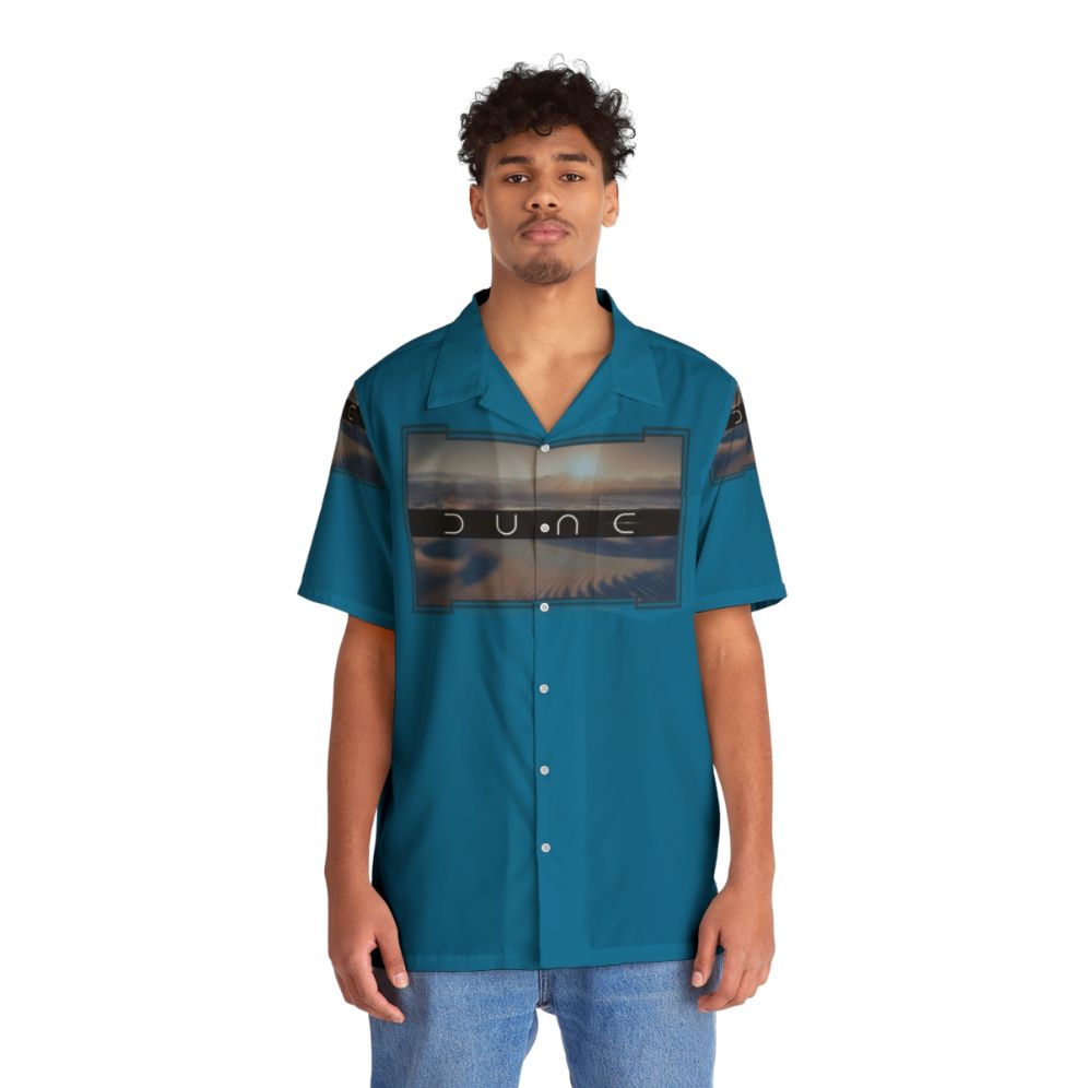 Dune-inspired blue Hawaiian shirt with desert planet and two moons design - People Front