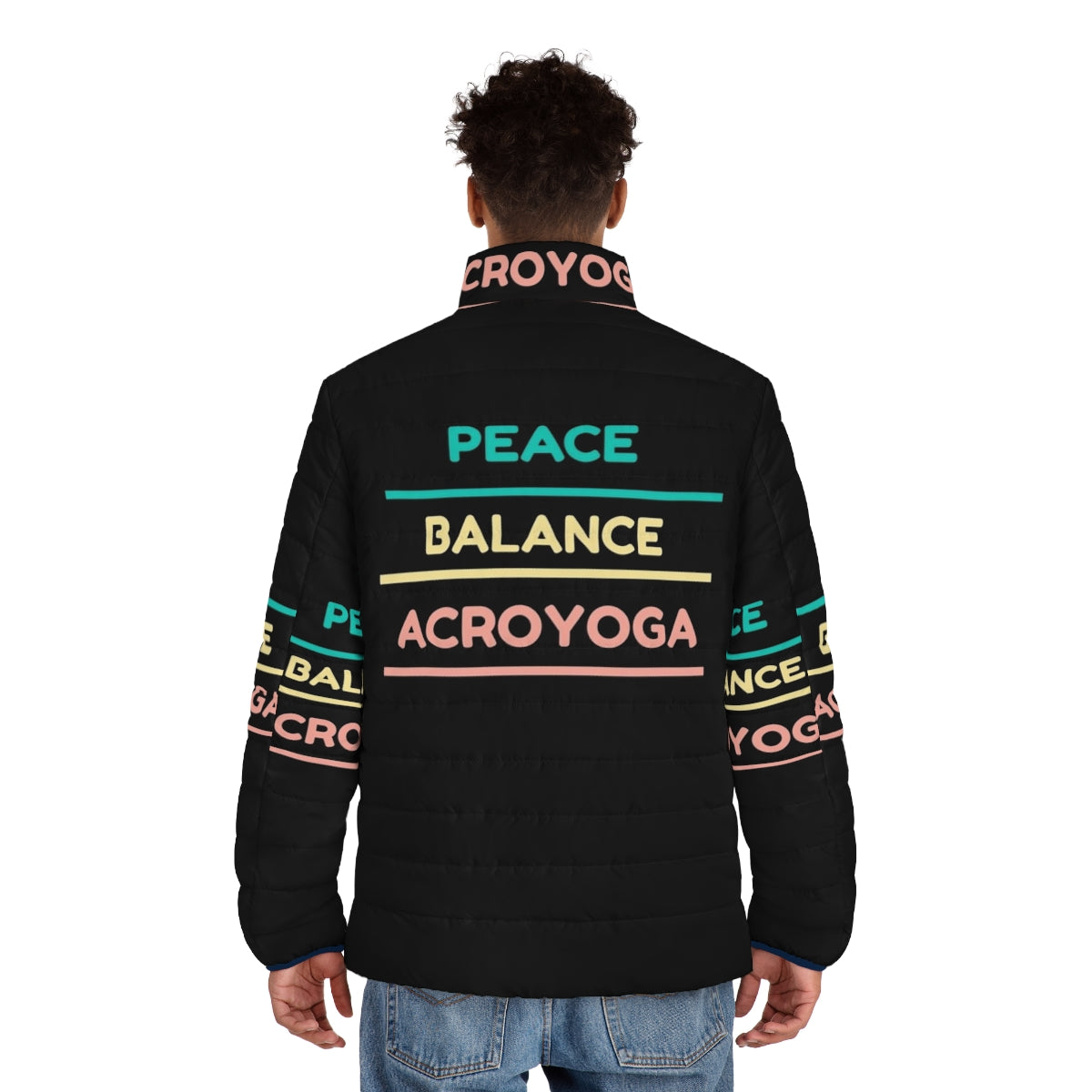 Acroyoga puffer jacket with pink, blue, and yellow colors and typography - men back