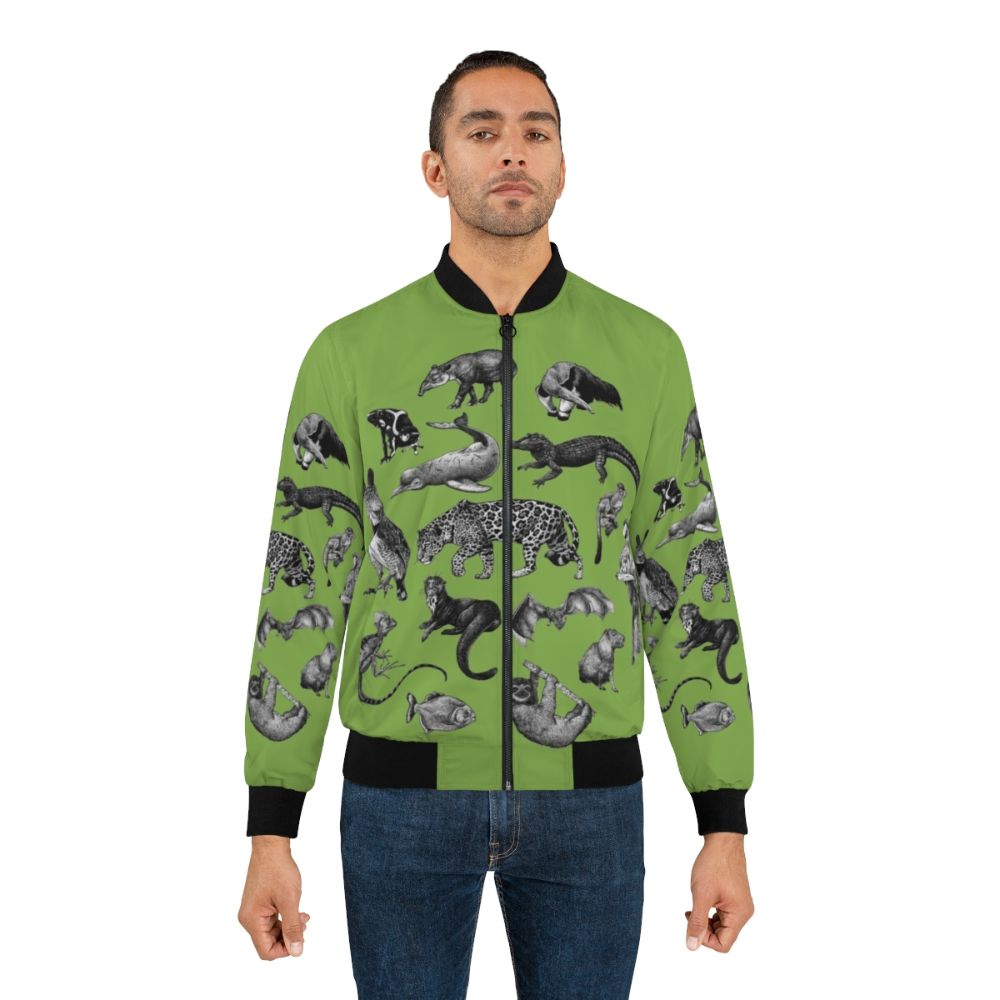 Biodiversity of the Amazon bomber jacket featuring a monochrome scientific illustration of the diverse wildlife found in the Amazon rainforest. - Lifestyle