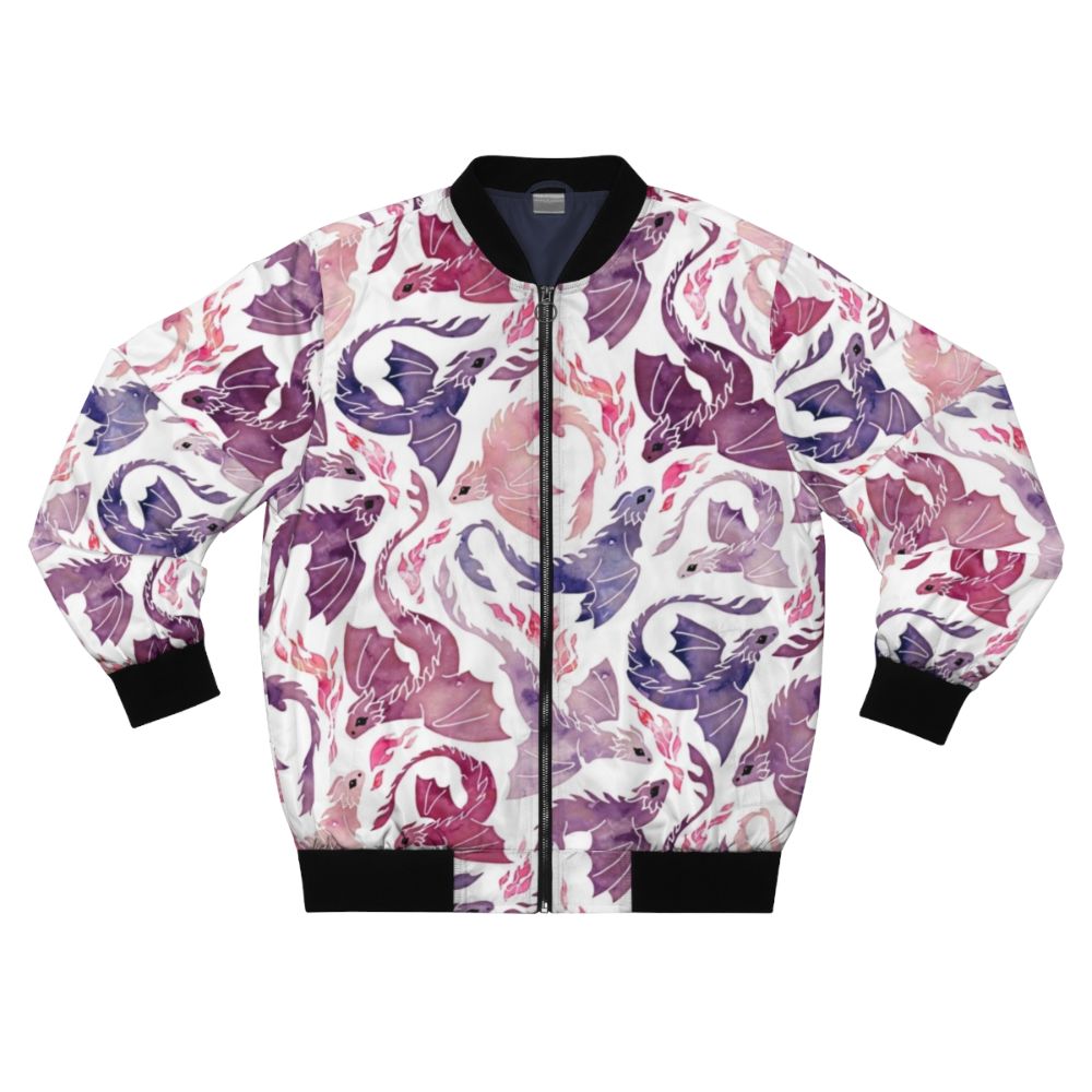 Enchanting pink and purple bomber jacket with a fantasy dragon fire design